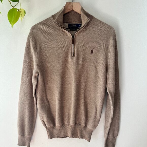 Polo Ralph Lauren Men's Half Zip Pullover Sweater Tan M Pima Cotton Quarter Zip - Picture 1 of 7